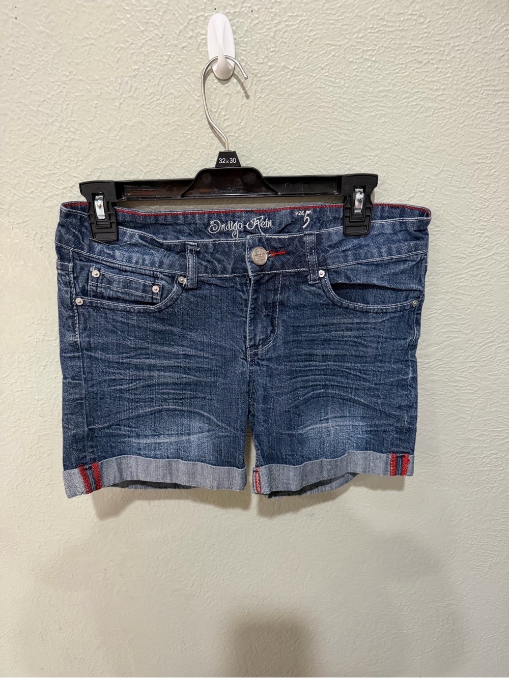 Indigo Blue Women's Dark Blue Denim Cuffed Shorts with Red Trim